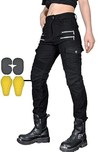 CBBI-WCCB Damen Moto Jeans Motorrad Hose mit Protektoren Motorradhose Mit Reißverschluss (DE/NL/SE/PL, Bundweite & Schrittlänge, 32, 31, Schwarz)