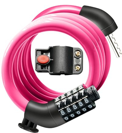KEYSTP 5-Digit Bike Lock Cable, Heavy Duty Resettable Combination Bicycle Lock, Anti-Theft with Mounting Bracket, Waterproof Steel Cable for Scooters, E-Bikes, Outdoor Use, Pink