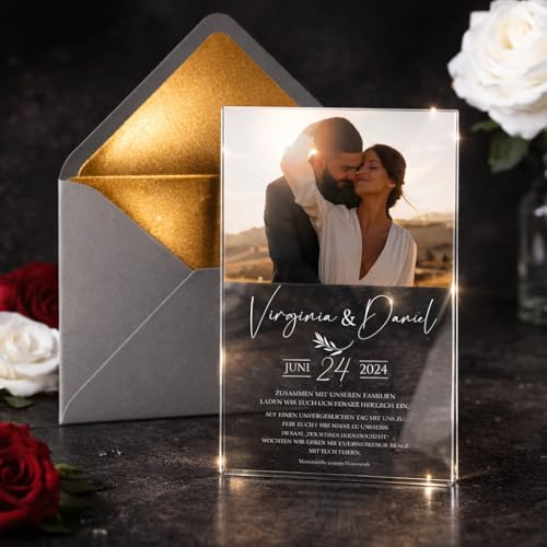 Manschin-Laserdesign Inviti di nozze | eleganti biglietti di invito in vetro acrilico per matrimoni, compleanni, feste – personalizzabili con il testo desiderato – con stampa UV