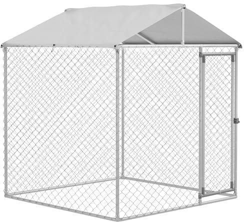 PawHut Perrera Jaula de Exterior para Perros Medianos Parque para Perros con Cerradura Marco de Acero Toldo Impermeable y Anti-UV 200x200x237 cm Plata