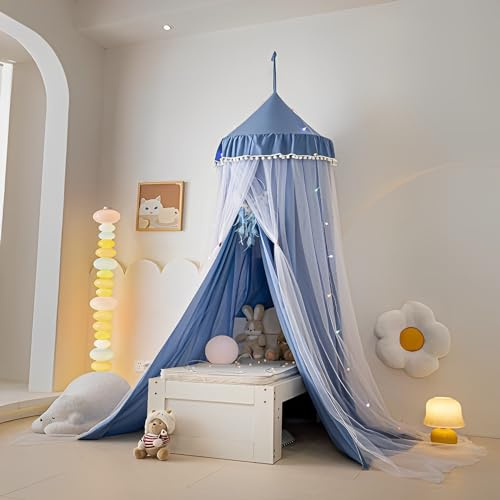 ENEN Baldacchino per Letto Bambina con Pompons, Zanzariera a Cupola Tulle Decorazione per Cameretta dei Bambini, Lettino, Culla Neonato, Design a Doppio Strato,Tenda da Gioco (Azzurro)