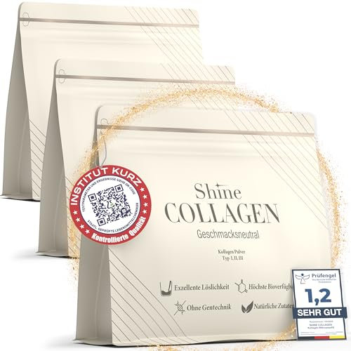 Shine Collagen Pulver 900g - 100% Collagen Peptide, Premium Hydrolysat Typ 1, 2 und 3, Halal, Perfekte Löslichkeit, Geschmacksneutral 3er Pack (3 x 300g)