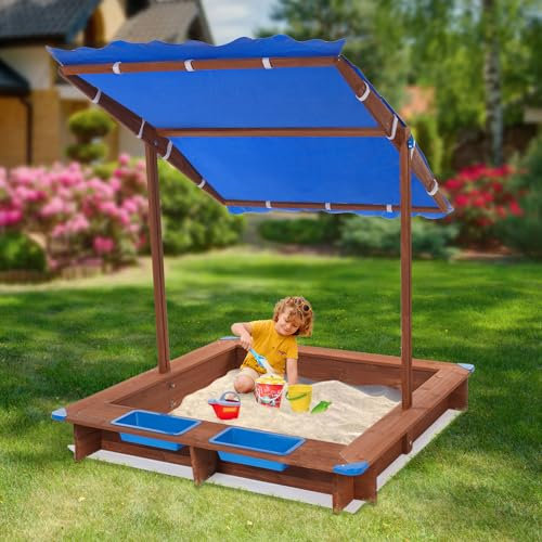 Sandkasten mit Dach aus Imprägniert Holz, Sandmuschel Spielsand Kinder Outdoor mit 2 Sandbox & PVC-Bodenmatte Sandkiste für Hinterhöfe, Gärten, Terrassen, Strände