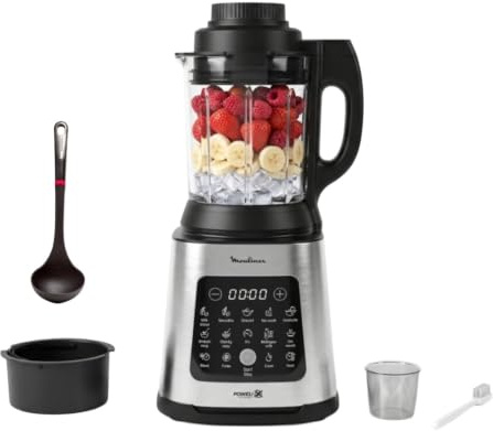 Moulinex Perfectmix Cook blender chauffant à haute vitesse, 10 programmes automatiques, 1400 W, YY5607FG, Noir et Transparent, Métal
