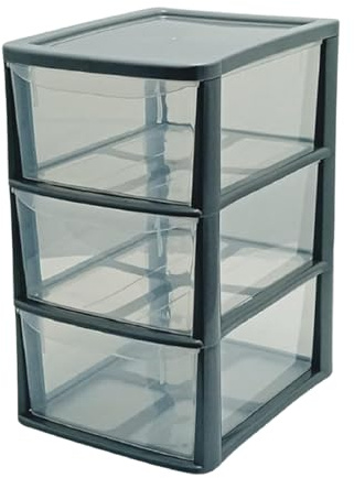 Khanary A4 Plastic Storage Drawers Unit 3 Tier- Medium Utility Drawer Unit- Modular Desktop Organizer- Stackable Cabinet- Silver Frame with Opaque Drawers- Home Office Stationery Crafts