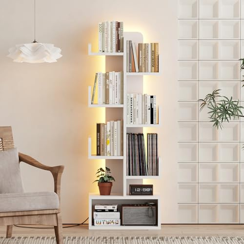 Qupui 6 Tier Book Shelf with LED Lights, Floor Standing Bookshelf, Classical Corner Kids Bookshelf, Tall Wood Book Storage for Bedroom, Living Room, Home Office