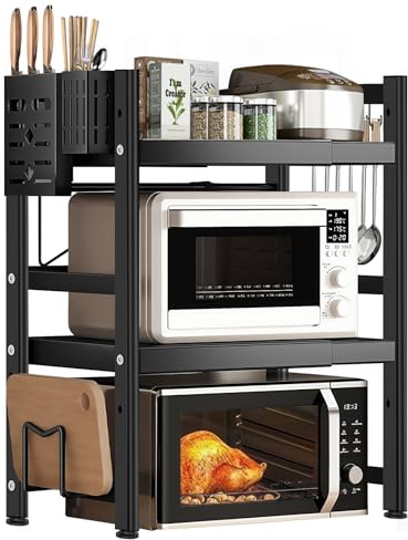LUKVCIY Adjustable 3-Tier Microwave Shelf Stand Extendable for Kitchen Countertop and Over Microwave Oven Storage, Black
