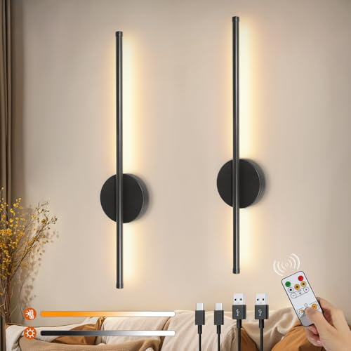 Ketom 2 Pack USB Rechargeable Wall Lights Black, LED Battery Operated Wall Lights Indoor with Remote, 3 Color Temperature & Dimmable & Timer Function, Wireless Sconces for Bedroom Hallway