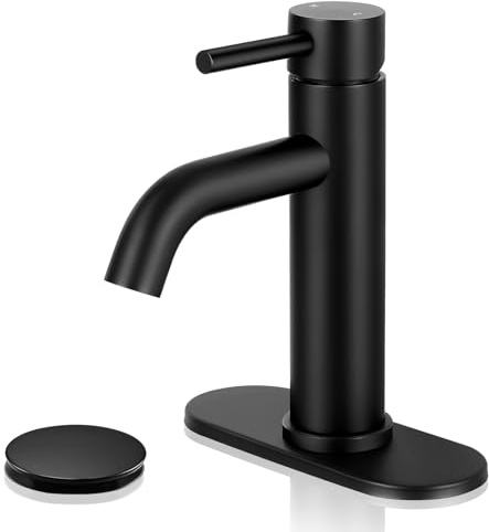 FDKW Matte Black Bathroom Faucets, Modern Bathroom Sink Faucet Single Handle Bathroom Faucet for 1 or 3 Hole, Mixer Tap Vanity Faucet with Deck Plate, Pop-up Drain and Supply Hoses