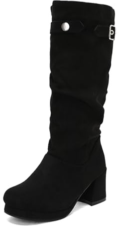LarDorLin Confort Bout Rond Mi-Mollet Bottes de Cheval Femme Mode Bloc A Enfiler Plateforme Slouch Bottines Boucle Noir Taille 39 EU (40 Cn)