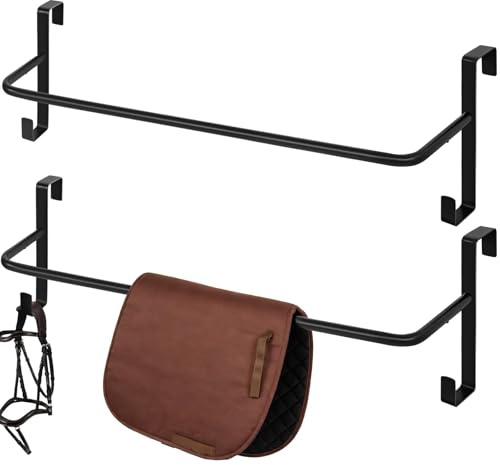 Zwinz 2Pcs Heavy Duty Horse Blanket Rack with Bridle Hooks, No-Drill Wall Mounted Assembled Blanket Bar, Saddle Pad Rack for Horse Tack Storage, Black