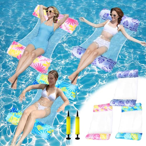 LYPPUL 3PCS Matelas Gonflable Piscine, Matelas Gonflable 4 en 1, Hamac à eau, Accessoires de Piscine, Hamac d'eau pour Adultes et Enfants, Lit Gonflable de Piscine avec Filet, Accessoires de Piscine