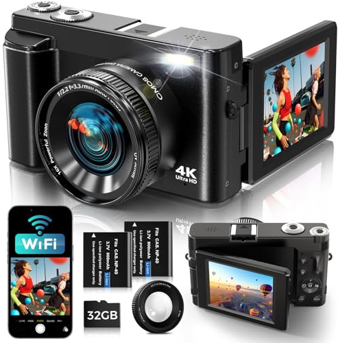 Appareil Photo Numérique 4K avec WiFi 64MP Appareil Photo Compact, Écran 3 180° Orientable, Cartes de 32 Go, 2 Batteries, Zoom Numérique 16X, Autofocus, Anti-Tremblement pour Ados, Débutants