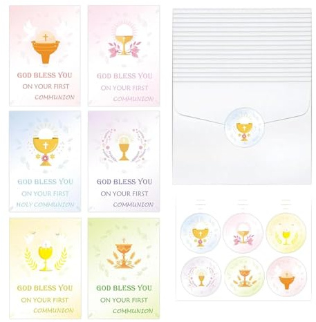 First Holy Communion Thank You Cards with Envelopes and Stickers, Religious Cross 1st Holy Communion Thank You Cards for Girls, Boys and Kids (Pack of 24)