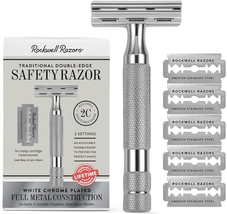 ROCKWELL RAZORS 2C White Chrome Double Edge Safety Razor With Adjustable Shave Settings and 5 Fully Recyclable Razor Blades. Reusable Safety Razors for Men and Women.