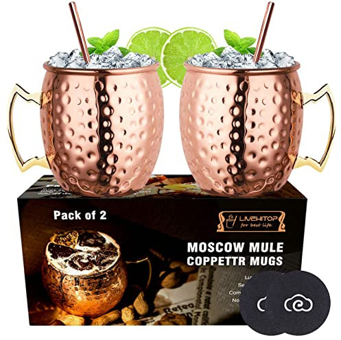 LIVEHITOP Moscow Mule Kupfer Becher Set of 2,19.5 Oz Kupferbecher mit Untersetzer for Cocktail, Wein, Kaltes Getränk, Bar, Party, Geschenk