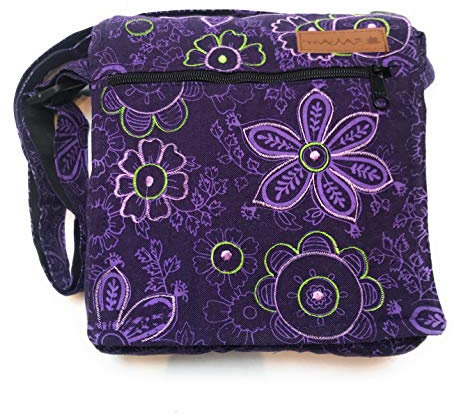 Damen Baumwolle Umhängetasche Indische Ethno Stil Boho Maliprint Tasche Baumwolle satche l mit Klappe Bohemian Hippie (Violett)