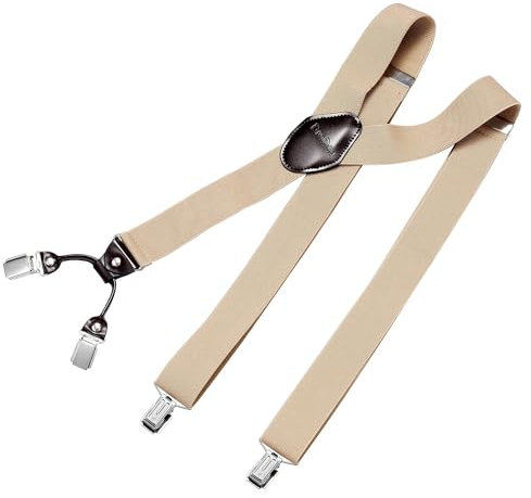 DonDon Hosenträger Herren extra stark beige 3,5 cm Hosenträger Herren breit mit brauem Leder in Y-Form lang - Starke Clips passend für Anzug Jeans Chinos Vintage Rockabilly Suspenders
