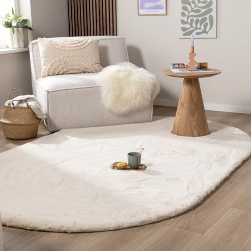 FRAAI | Home & Living Hochflor Teppich Oval - Comfy Supreme Creme - Einfarbig - Modern, Skandinavisch - Wohnzimmer, Schlafzimmer - Fellteppich - Carpet