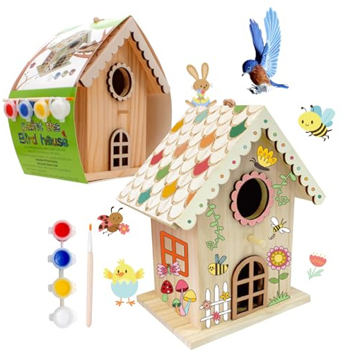 goldentime DIY Wooden Birdhouse Painting Kit, Bird House to Paint Set,Wood Arts and Crafts for Children, Paint Your Own Bird Houses Set,Includes Paints & Brushes