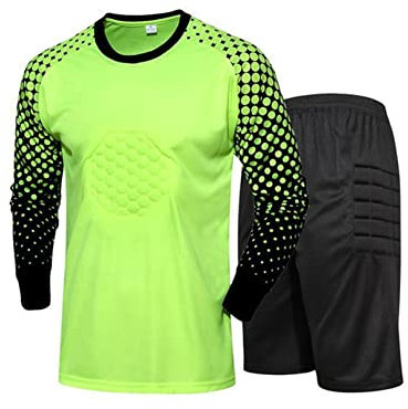 TiaoBug Jungen Fußball Torwart Trikot Set Gepolstert Langarm Sportshirt und Sporthose Schutz Ausrüstung Anzug Leucht Grün Shorts A 128-134