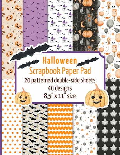 Halloween scrapbook paper pad: 20 patterned double sided sheets for scrapbooking, origami, paper arts, decoupage, DIY crafts. 8.5 x 11 paper book. 40 different designs.