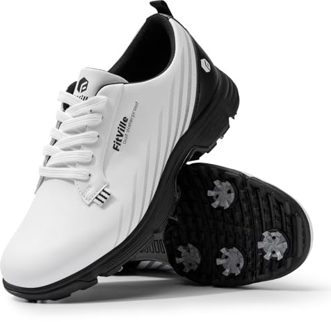 FitVille Mens Golf Shoes Extra Wide Fit with Spikes Professional Spiked Golf Shoes for Men V2 White Black