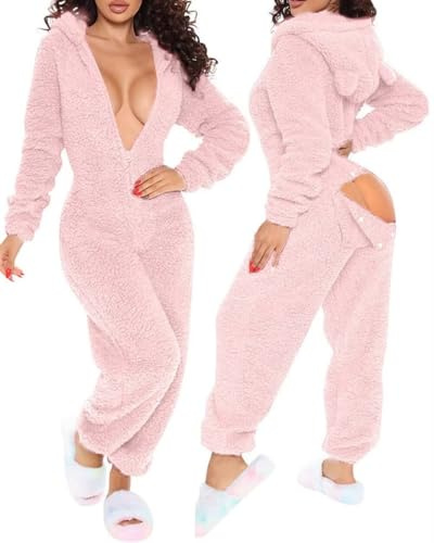 MANGGUO Combinaison sexy en polaire pour femme avec capuche et oreilles, combinaison pour femme avec rabat pour les fesses, pyjama une pièce en peluche