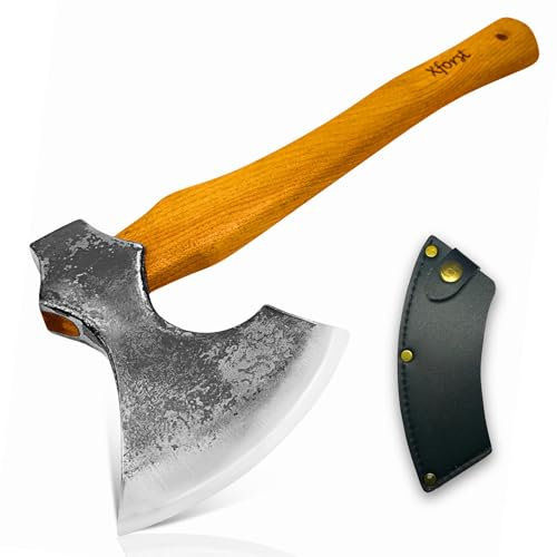 Xforst Hacha Vikinga, Hacha con Mango de Madera de Nogal Hickory Incluye Funda de Cuero Auténtico Negro - Modelo X-WIC