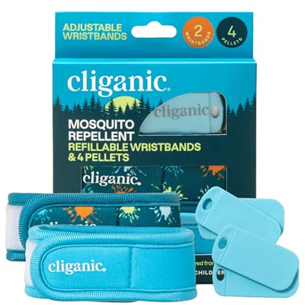 Cliganic Mosquito Repellent Pack (2 Wristbands + 4 Refill Pellets) - Adjustable, Natural DEET-Free, Essential Oil Infused