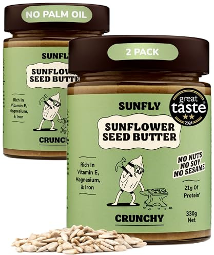 SUNFLY Crunchy Sunflower Seed Butter – Nut-Free, Vegan, High-Protein Spread - Top 14 Allergen-Free, No Palm Oil, No Soy, Plant-Based Peanut Butter Alternative - With Vitamins & Minerals - 2x330g