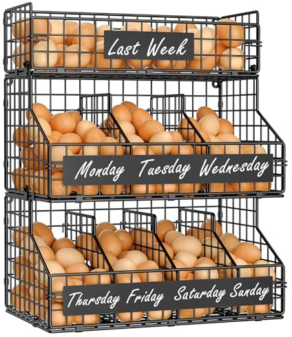 keomaisyto Egg Holder Countertop with 5 Dividers & DIY Nameplate to Separate Eggs, 3 Tier Stackable Wire Storage Baskets for Gathering Fresh Eggs, XXL Large Egg Rack, Wall-Mounted (Patent Pending)