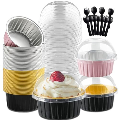 Jogoico Lot de 60 Mini Moules à Gâteaux avec Couvercles et Cuillères 150ML Moules à Pâtisserie en Aluminium Ronds Petite Barquette pour Pain Gâteaux Anniversaire Pique nique la Cuisine