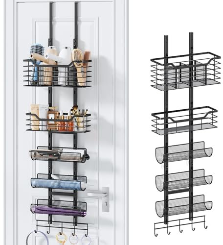 Consumest 6-Tier Hair Tool Organizer - Hair Dryer Holder Over The Door/Wall Mounted DIY Adjustable Shelf Bathroom Door Organizer with Hook for Curling Iron/Blow Dryer/Straightener Black