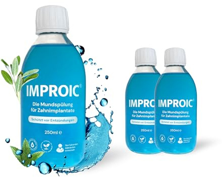 IMPROIC munspolning för tandimplantat (förpackning med 3) | Med hyaluronsyra, fluor och funktionella naturämnen | Skyddar tänder och tänder implantater och bevisade mot inflammation