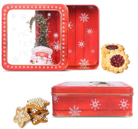Minicoco 2Pcs Square Christmas Tins with Window, Airtight Biscuit Tins & Jars Storage Containers for Cakes, Biscuits & Sweets Chocolates- Perfect Festival Gifts For Family and friends(Red C)