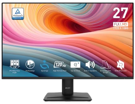 msi PRO MP275 E2 27-inch IPS 1920 x 1080 (FHD) Gaming Office Monitor, 120Hz, Free-Synch, HDMI, DisplayPort, VGA Port, VESA Mountable, Tilt, Speaker, 4-Side Slim Bezel 1ms, Black
