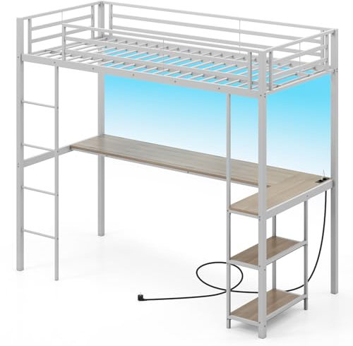 LIFEZEAL Hochbett 90 x 200 cm, Etagenbett mit Schreibtisch & 3 Regalen, Ladestation, LED-Lichtern, Metallbett mit Barriere, für Kinder, Jugendliche, Belastung 200 kg (Silber)