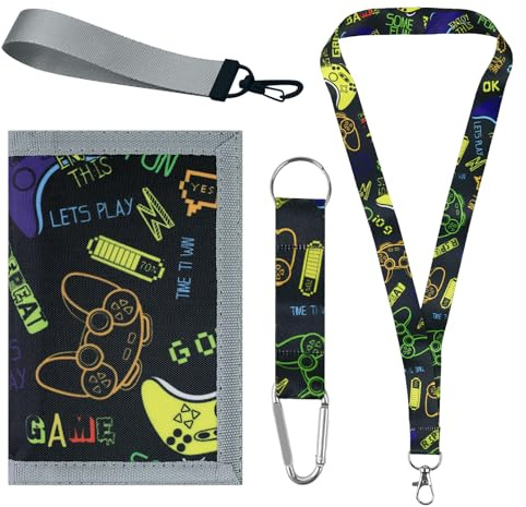 YFPOPONE Kids Wallets Canvas Tri Fold with Lanyard, Zip, Key Chain and ID Window, Gamepad Theme for Boys, School, Travel or Gifts (Black)
