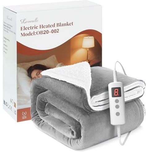 Levesolls Manta Eléctrica 180x130cm Manta Calefactable 10 Temperaturas 9 Horas Configuraciones de Temporizador Calentamiento Rápido Lavable a Máquina Apagado Automático para Hogar y Oficina Gris Claro