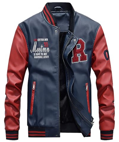 Blouson en Cuir Homme De Sport Veste Baseball - Veste Manches Longues Thermique Doublure Confortable Coupe AjustéE Doux Au Toucher Zippé Couleur Unie Casual ExtéRieur Quotidien