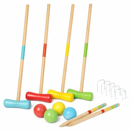 FERRY JUGUETES - Juego de croquet de madera para 4 jugadores, con mazos, bolas, arcos metálicos y red de almacenamiento, juego de jardín a partir de 6 años