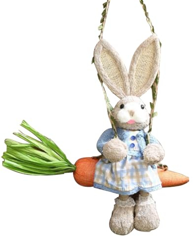 Kueohse Estatuilla de Conejito de Paja de Pascua, Conejo de Paja en Columpio de Zanahoria, Adorno Colgante de Estatua de Conejito para Decoración del Hogar de Vacaciones de Pascua A