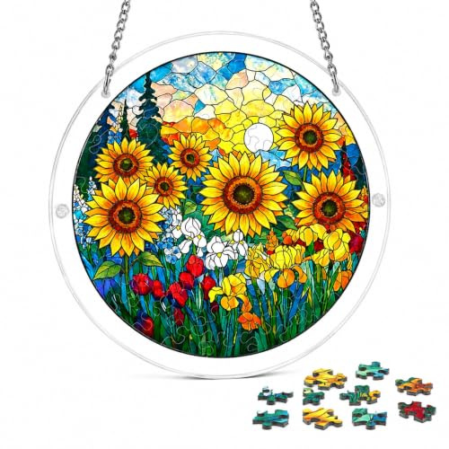 Acrylic Jigsaw Puzzle Suncatcher, Sunflower Field Sun Catchers for Windows