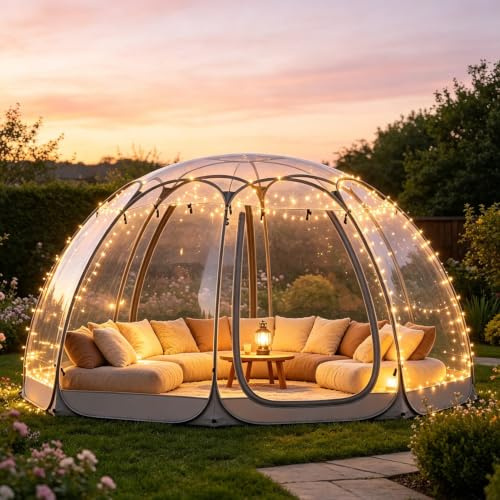 VäDerbestäNdigt Pop-Up-BubbelpaviljongtäLt, Transparent TräDgåRdstäLt, Kupol Med 360°-FöNster, VäDerbestäNdigt Pop-Up-BubbelpaviljongtäLt, Med FäRgade Ljusslingor Grey-3.6 * 3.6 * 2.2M