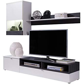 Wohnwand Andreas, Elegantes Wohnzimmer-Set als Anbauwand, griffloses Öffnen, bestehend aus TV-Lowboard, Hängevitrine, Wandregal mit viel Stauraum (weiß/Kiefer dunkel, mit weißer LED Beleuchtung)