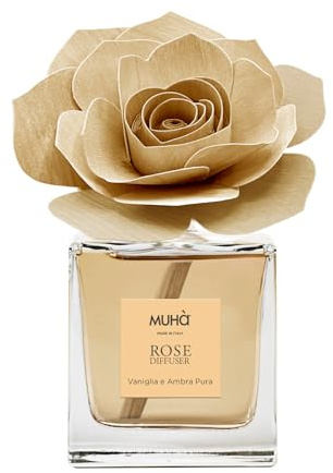 MUHA' | Difusor de fragancia para ambientes Rosa Diffuser, Fragancia Vaniglia e Ambra Pura, Difusor de Ambiente con Rosa de Madera de Abedul, Formato de 100 ml