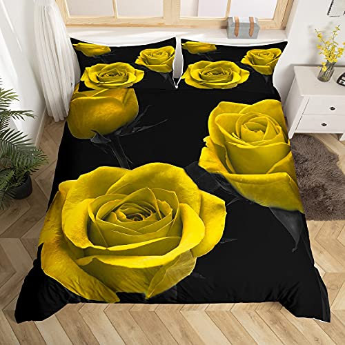 Rose Comforter Cover Golden Rose Floral Bedding Set for Boys Girls Children Romantic Flowers Bouquet Duvet Cover Luxury Black Gold Bedding & Linen Couple Lover Single Size Bedding & Linen 2Pcs