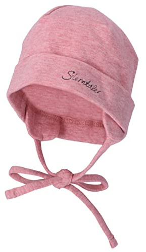 Sterntaler OCS Beanie mit Umschlag – Mütze aus Melange-Singlejersey (Bio) mit Ohrenklappen, Bindeband & Stickmotiv – Mädchen Baby Übergangsmütze – samtrosa, Gr. 33