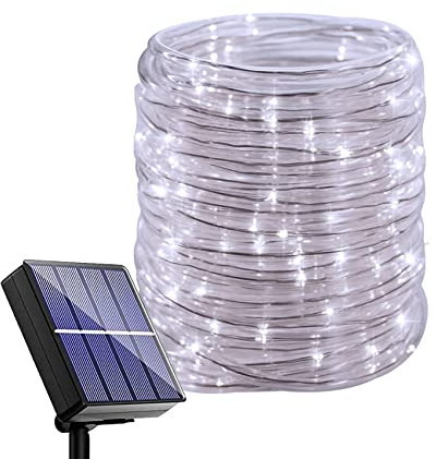 DINOWIN Guirnaldas Luces Exterior Solar, 30M 300 LED Impermeables Manguera Led Exterior 8 Modos Cadena de Luces Para Boda Casa Patio Jardines Fiestas (Blanco)